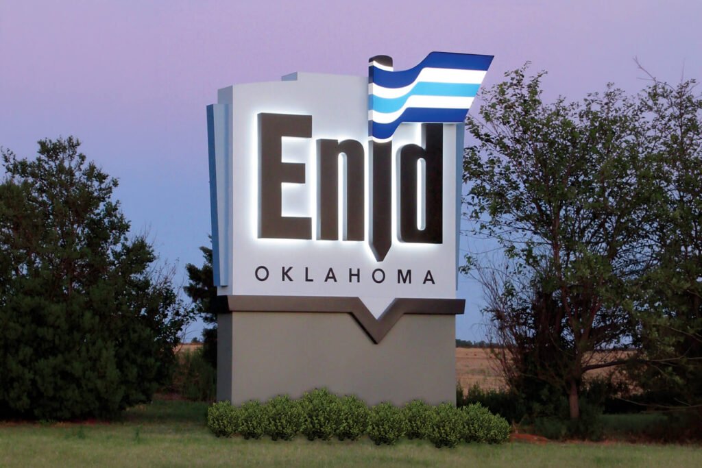 Exterior LED monument sign with front-lit, back-lit, and halo-lit elements for the town of Enid, Oklahoma.