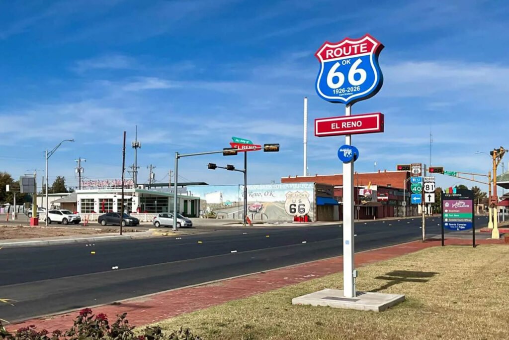Exterior illuminated monument and pole sign with push-through acrylic elements for Route 66 Centennial in El Reno, Oklahoma.