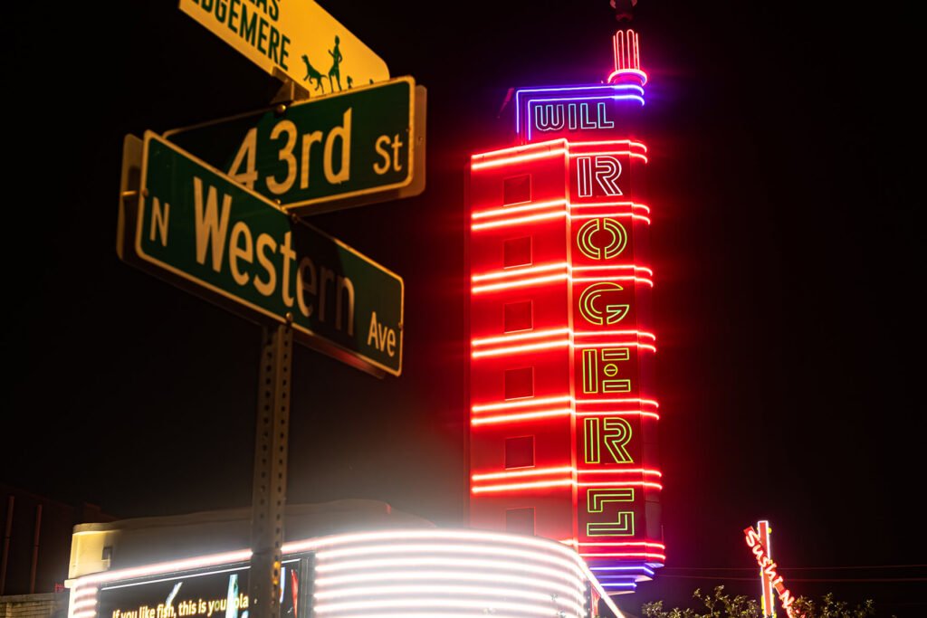 Exterior LED retrofit faux neon sign for the Will Rogers Theatre.